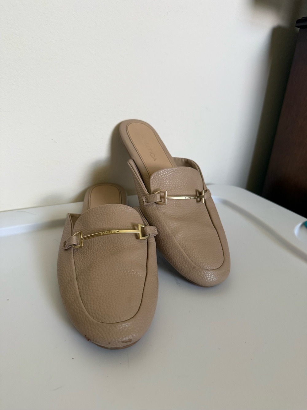 Nautica Taupe Leather Backless Mules with Gold Bar